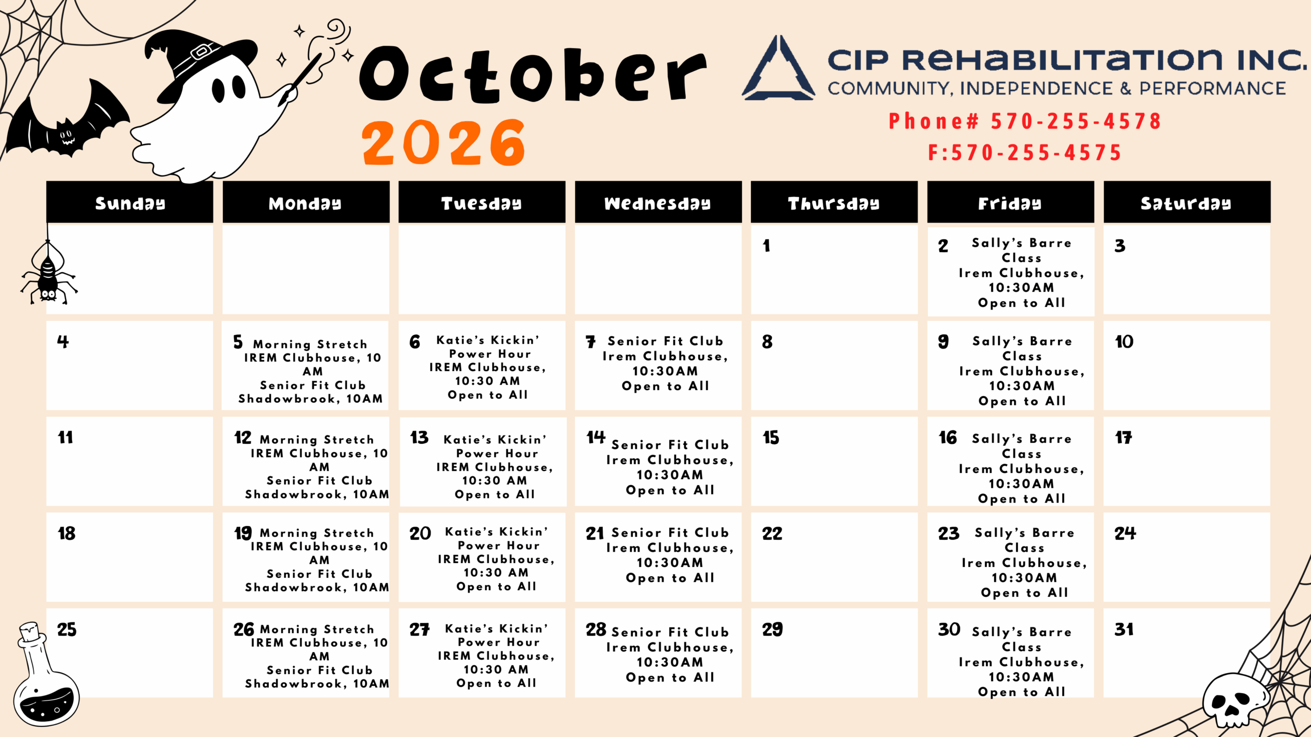october fitness classes calendar cip rehab