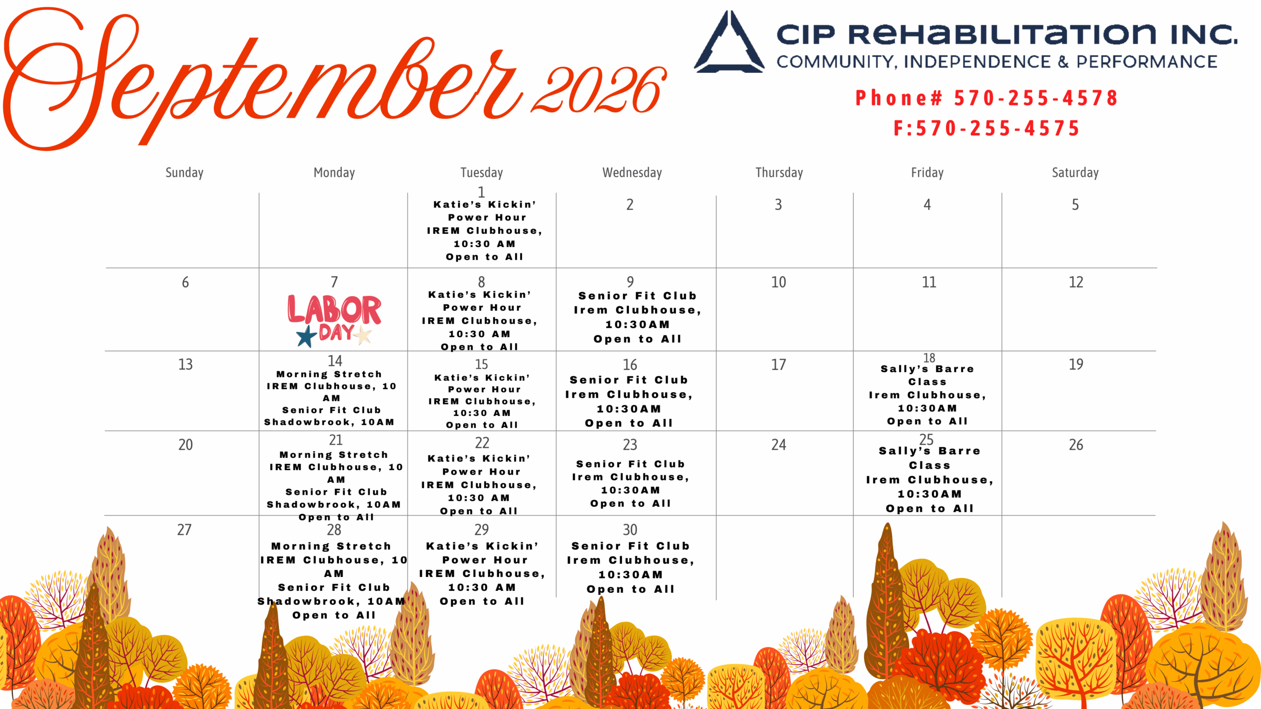 september fitness classes calendar cip rehab